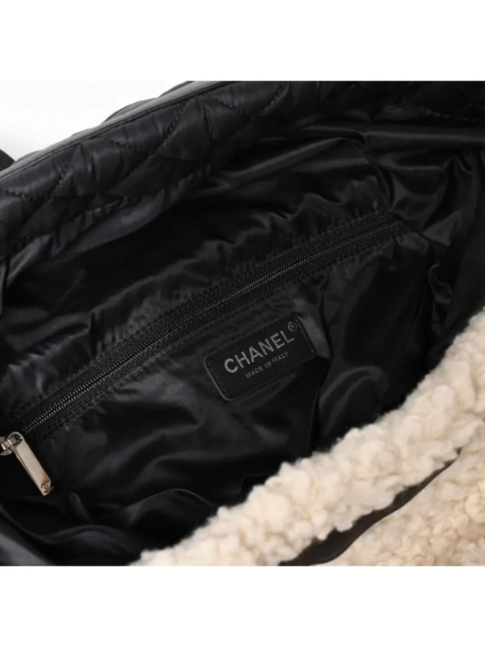 Chanel Coco Niege Neige Backpack CC Logo Nylon Fleece Beige Black